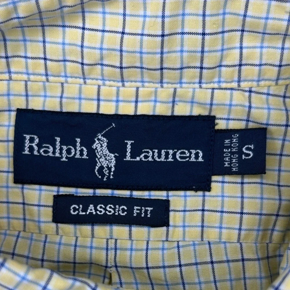 Ralph Lauren Button Down Shirt S Mens Yellow Blue Check Classic Fit Short Sleeve